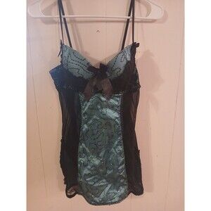 Icollection Blue and Black Lace Bow Lingerie Set Whimsigoth Sexy Size Medium